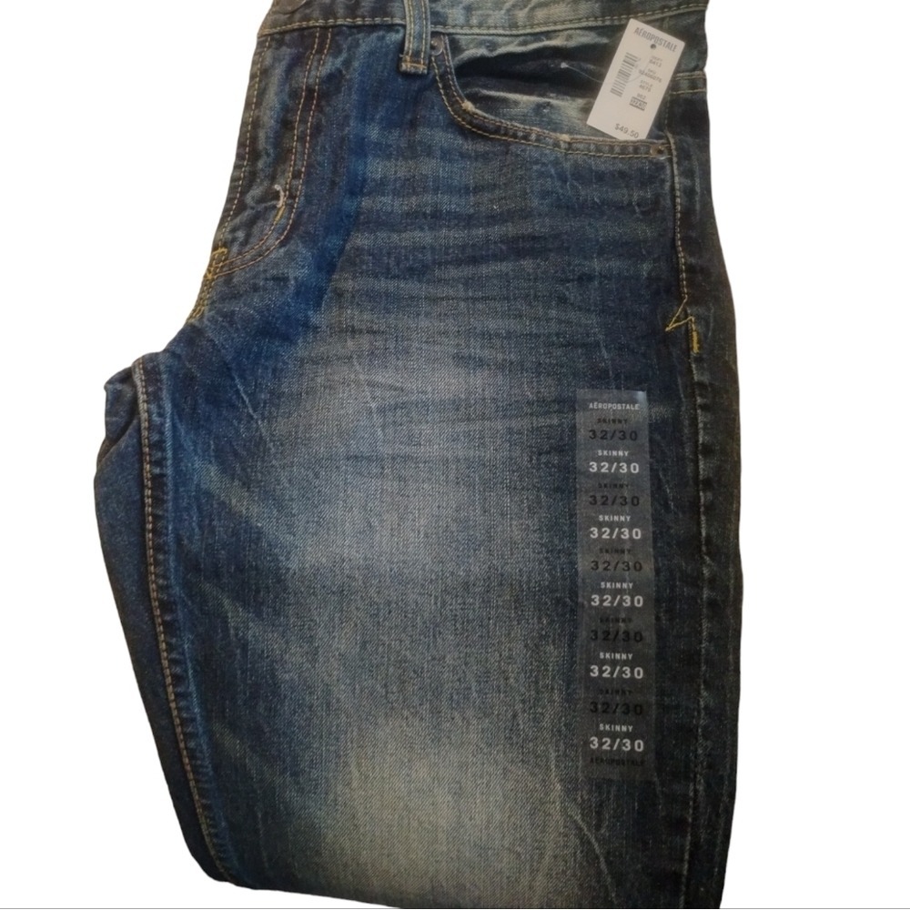 AEROPOSTALE Skinny Blue Denim Distressed Jeans Mens 32x30 Grunge Goth Casual